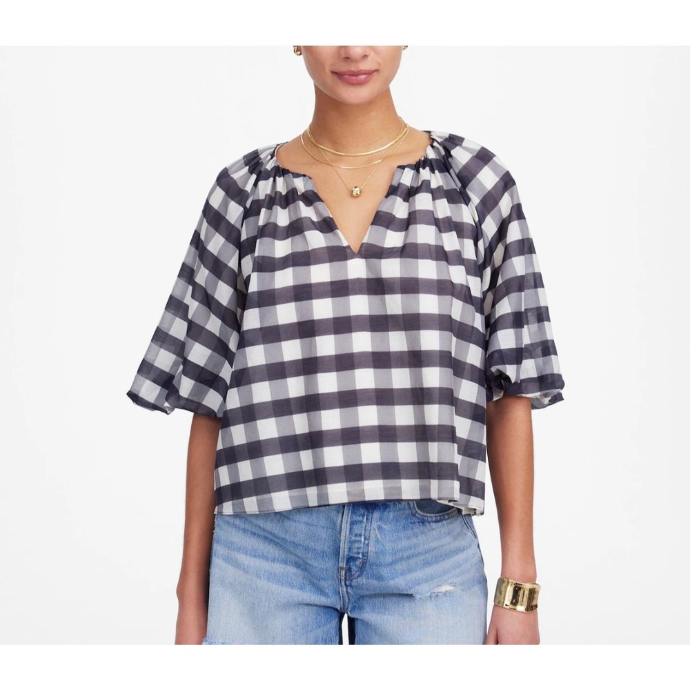 Madewell Women's Gingham Buffalo Plaid Bubble Sleeve Top Silk Blend 12 New